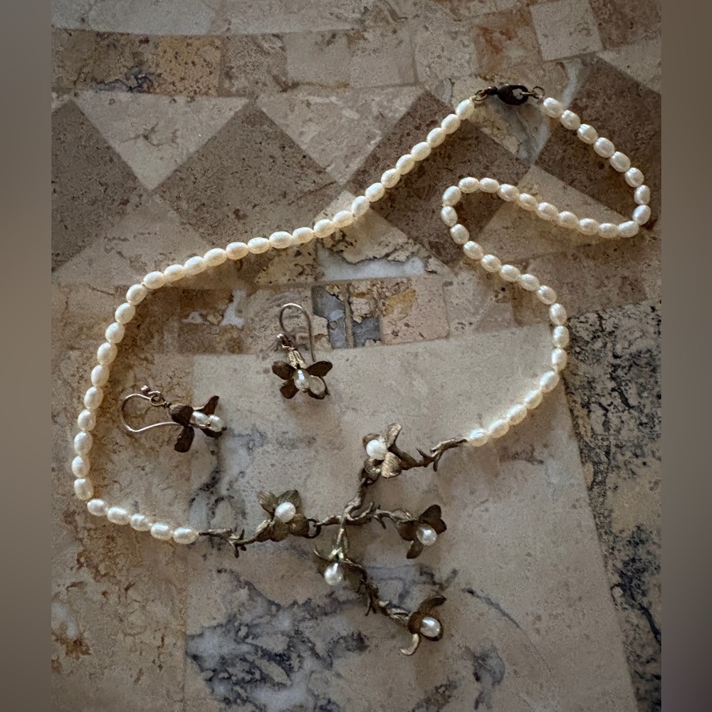 Verdigris with Seed Pearls Necklace Matching Earrings